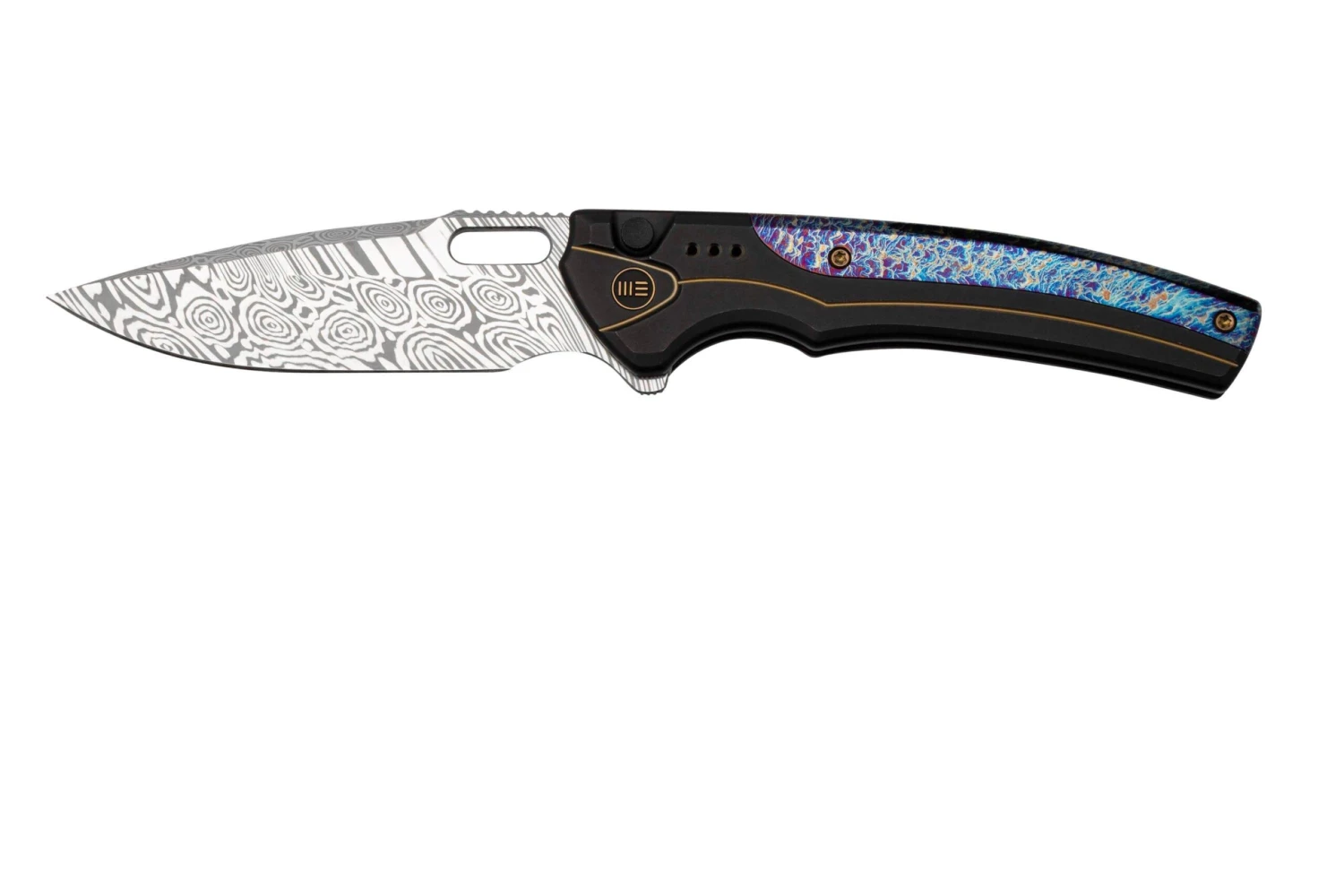 WE Knife Exciton Black Titanium Flamed Titanium, Heimskringla Damasteel WE22038A-DS1 Limited Edition Navaja 3 WE Knife Exciton Black Titanium Flamed Titanium, Heimskringla Damasteel WE22038A-DS1 Limited Edition Navaja